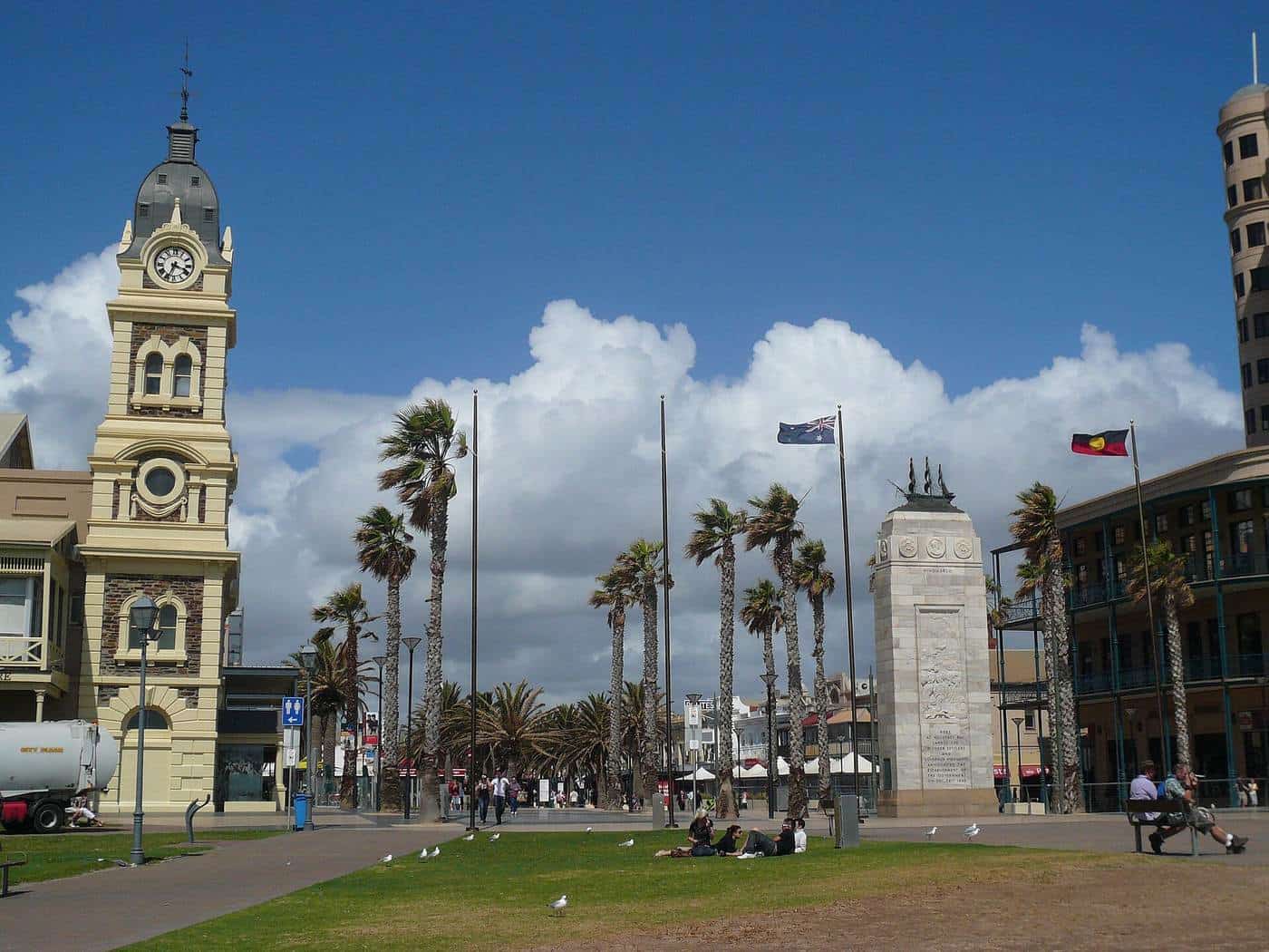 Moseley Square at Glenelg with palm trees and a clock tower